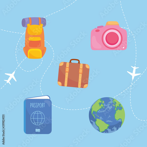 travel bags camera passport and world vector design