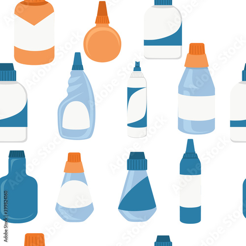 Seamless pattern household chemicals bottles pack cleaning supplies with empty with blank label flat vector illustration on white background