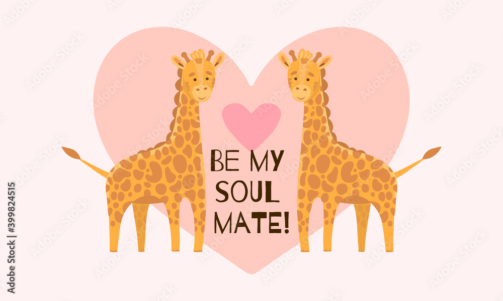 Fototapeta premium Postcard with a pair of giraffes on the background of the heart. Be my other half. Postcard with animals for Valentine s Day. Giraffes in flat style hand drawn on a pink background and cute text