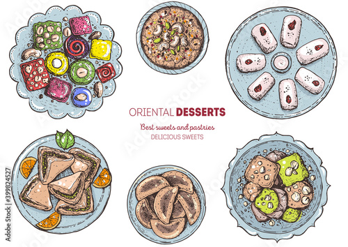 Oriental sweets vector illustration, top view. Middle eastern food, hand drawn. Food menu background. Colorful design template. EPS10
