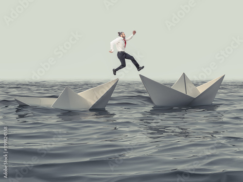 man jumps from a sinking paper boat to a floating one.