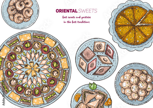 Oriental sweets vector illustration, top view. Middle eastern food, hand drawn. Food menu background. Colorful design template. EPS10