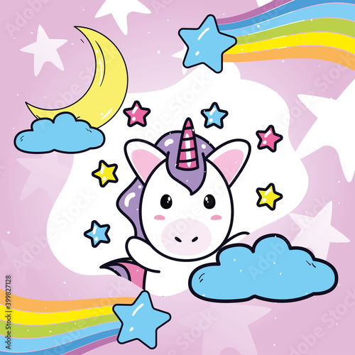 unicorn horse cartoon with rainbow stars moon and clouds vector design