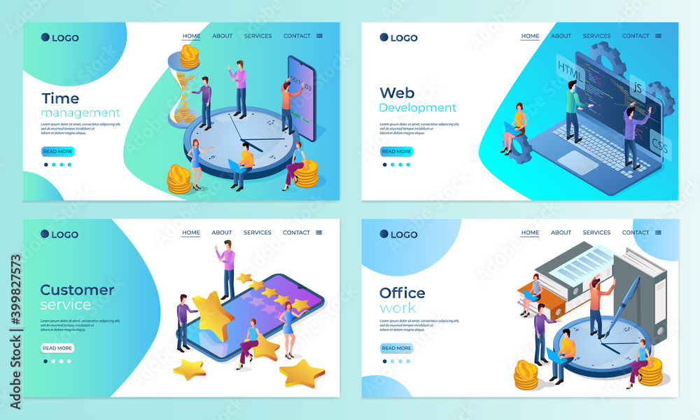 A set of landing page templates.Time management, Web development, Rating, Office work.Templates for use in mobile app development.Flat vector illustration.