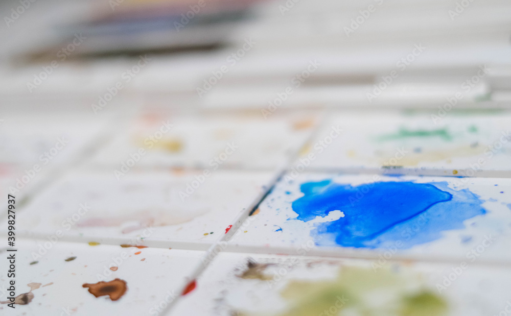 Naklejka premium Watercolor palette. Paint spots. Watercolor. Painting. Materials for artists.