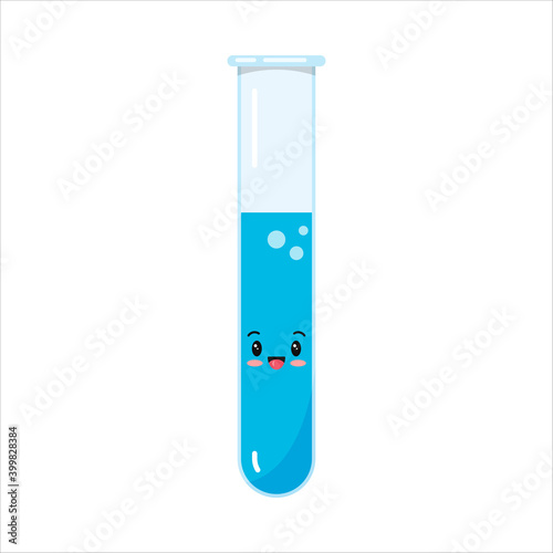 Chemistry glass test tube icon with blue liquid reagent with bubbles isolated on white background. Flat design cartoon style mascot of chemical or pharmacy laboratory equipment vector illustration.