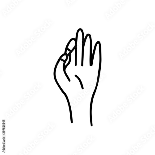Mudra of knowledge. Position of fingers in meditation. Gyan mudra. Icon black and white vector illustration isolated doodle. Yoga gesture hands
