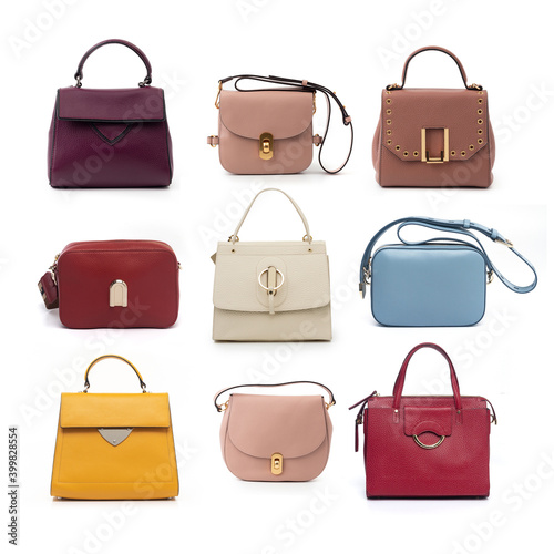 set of multicolored leather handbags isolated on white background (ID: 399828554)