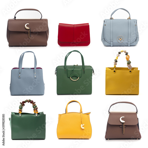 set of multicolored leather handbags isolated on white background (ID: 399828580)