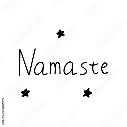 Namaste. Indian greeting in Hindi. Black and white vector illustration isolated doodle. Handwritten lettering with stars