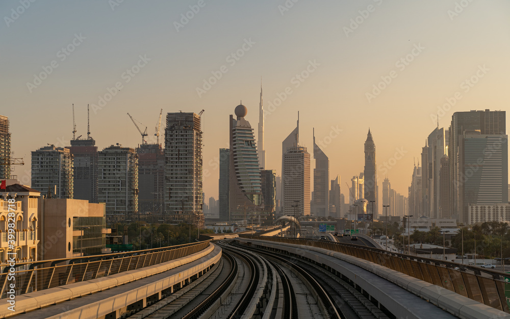 Dubai skyline view from metro