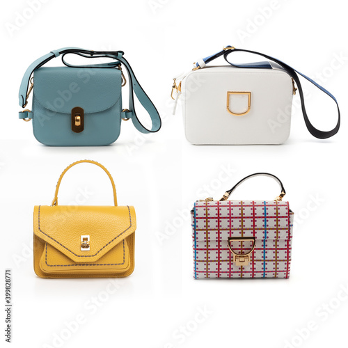 group of multicolored leather purses isolated on white background (ID: 399828771)