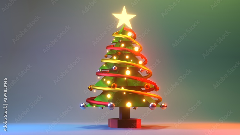 A 3D rendered illustration of a Christmas tree with stars glowing golden yellow on top. Decorated with yellow and red ribbons With fluorescent yellow and silver reflective balls A 3D rendered illustration of a Christmas tree with stars glowing golden yellow on top. Decorated with yellow and red ribbons With fluorescent yellow and silver reflective balls