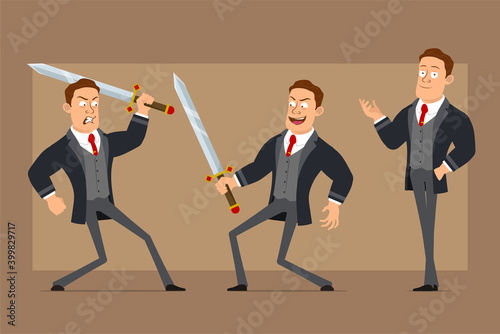 Cartoon flat funny strong business man character in black coat and tie. Boy posing and fighting with big knight swords. Ready for animation. Isolated on brown background. Vector set. © GB_Art