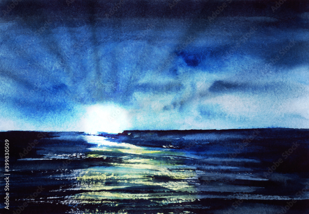 Beautiful watercolor landscape of shining sun rising over deep dark sea ...