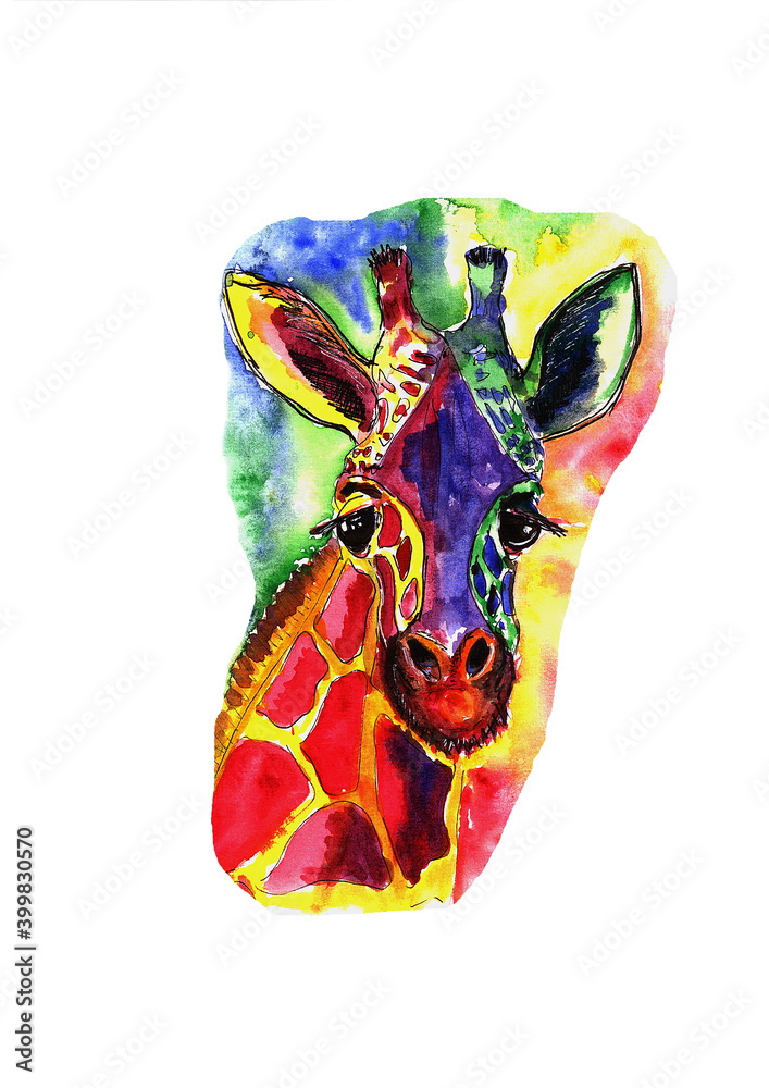 Naklejka premium watercolor drawing cute colorful giraffe