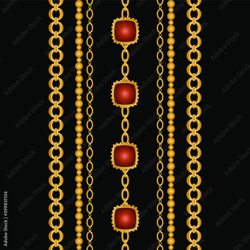 Seamless pattern decorated with precious stones, gold chains and pearls. Seamless pattern decorated with precious stones, gold chains and pearls.