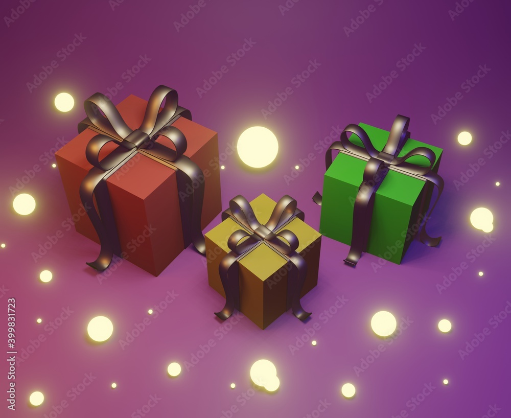3D rendering illustration of a beautiful multicolored New Year festival gift box On a purple tone background 3D rendering illustration of a beautiful multicolored New Year festival gift box On a purple tone background