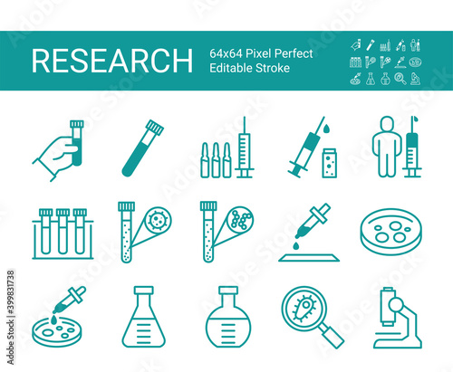 Set of icons of medical research. Thin line icon of biology, medicine, science test, lab. Editable vector stroke. 64x64 Pixel Perfect.