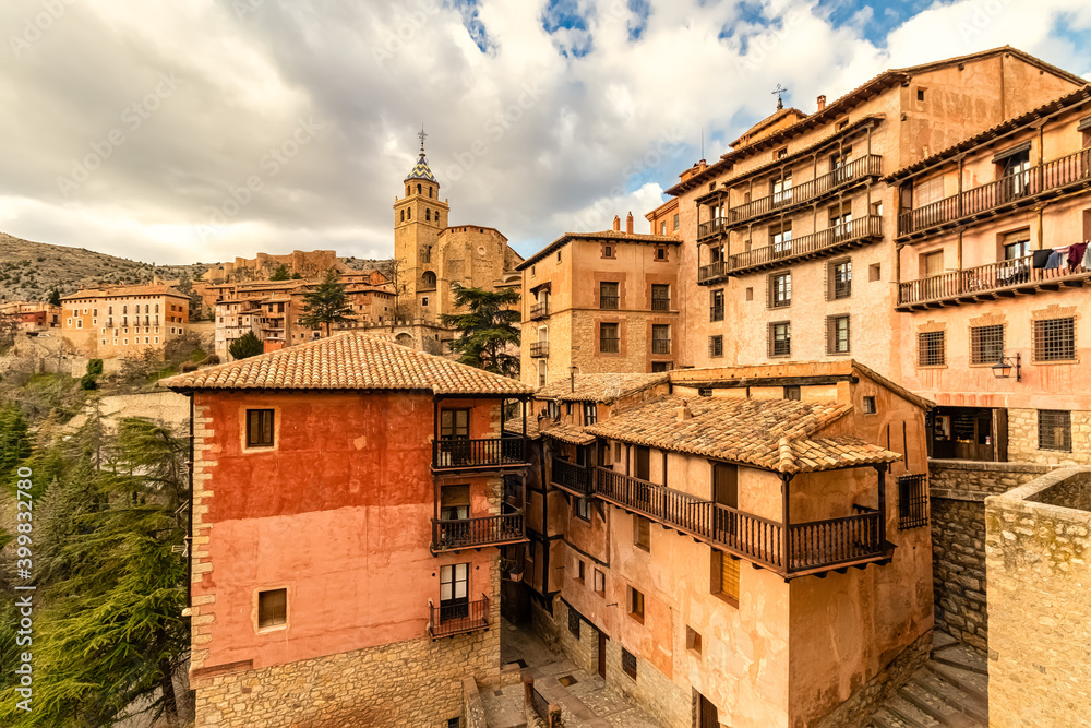 Medieval town of Albarracín in Spain, stone houses, walls, churches and narrow streets.
