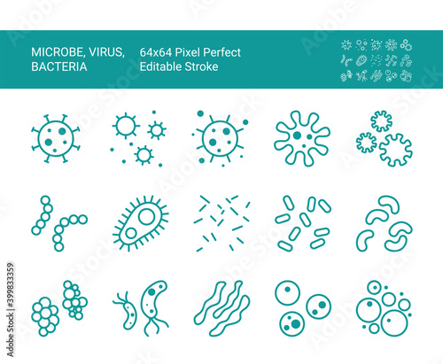 Thin line icon set with bacterium, virus, microbe. 64x64 Pixel Perfect. Editable Stroke.