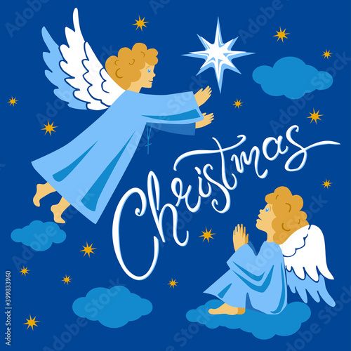 Angels and Christmas Star in the Night Sky