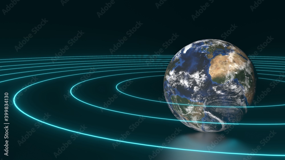 3D rendered illustration of a globe with a model atmosphere and several blue glow rings. Surrounded on a black background 3D rendered illustration of a globe with a model atmosphere and several blue glow rings. Surrounded on a black background
