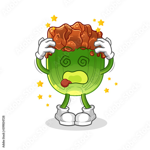 lettuce with bulgogi sauce dizzy head mascot. cartoon vector