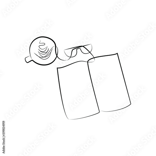 Book, glasses and coffee in one line. Black line vector illustration on white background