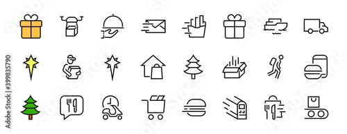 PIZZA DELIVERY, and Food Icon Set Vector thin line, contains courier, home delivery, food ordering, fast transport, drone, ship, car, editable stroke. ICONS circuits
