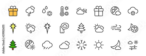 WEATHER set of icons, icons such as weather forecast and clouds, wind, rain, snow, weather settings and sunny weather and much more. Editable stroke, simple vector lines