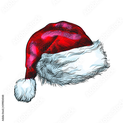 Water color Hand-drawn sketch of santa hat on a white background. New year attributes. Chrristmas celebration. Winter holidays; New year decoration. Santa Claus red fur hat