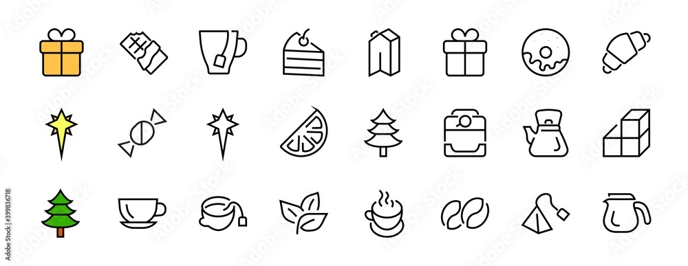 COFFEE and TEA LINEAR ICONS SET, contains Icons of tea, tea bag, Coffee machine, cake, sugar, teapot, cup, milk, cream, Lemon, chocolate bar, LINEAR ICONS Editable stroke COFFEE and TEA LINEAR ICONS SET, contains Icons of tea, tea bag, Coffee machine, cake, sugar, teapot, cup, milk, cream, Lemon, chocolate bar, LINEAR ICONS Editable stroke