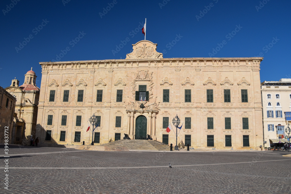 The Auberge de Castille, originally built in 1574 for the Knights of the Order of St John, serves today as the offices of the Prime Minister of Malta.