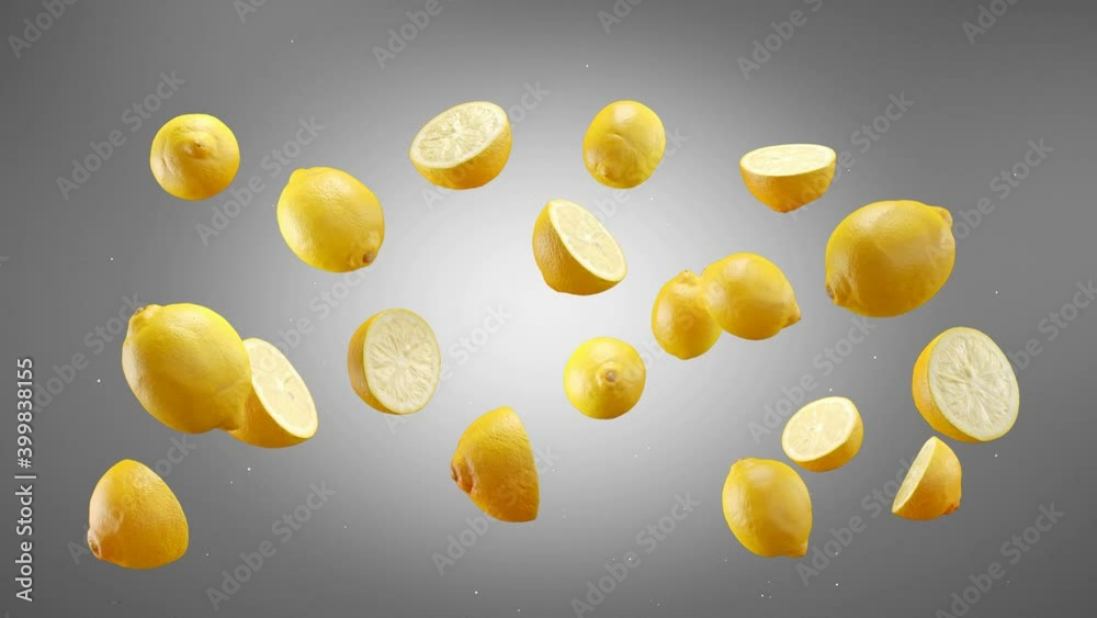 Flying of Lemon and Slices in Yellow Background. Speed up and falling down lemons with green screen. Professional slow motion 4K 3d animation.
