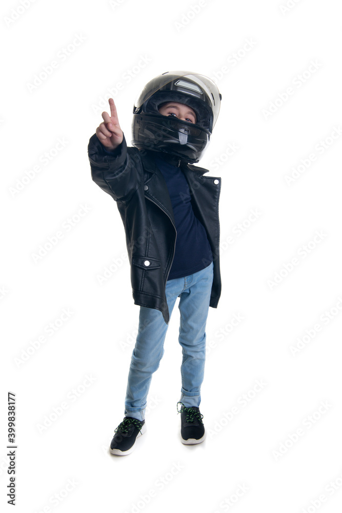 biker boy pointing up with his hand biker boy pointing up with his hand