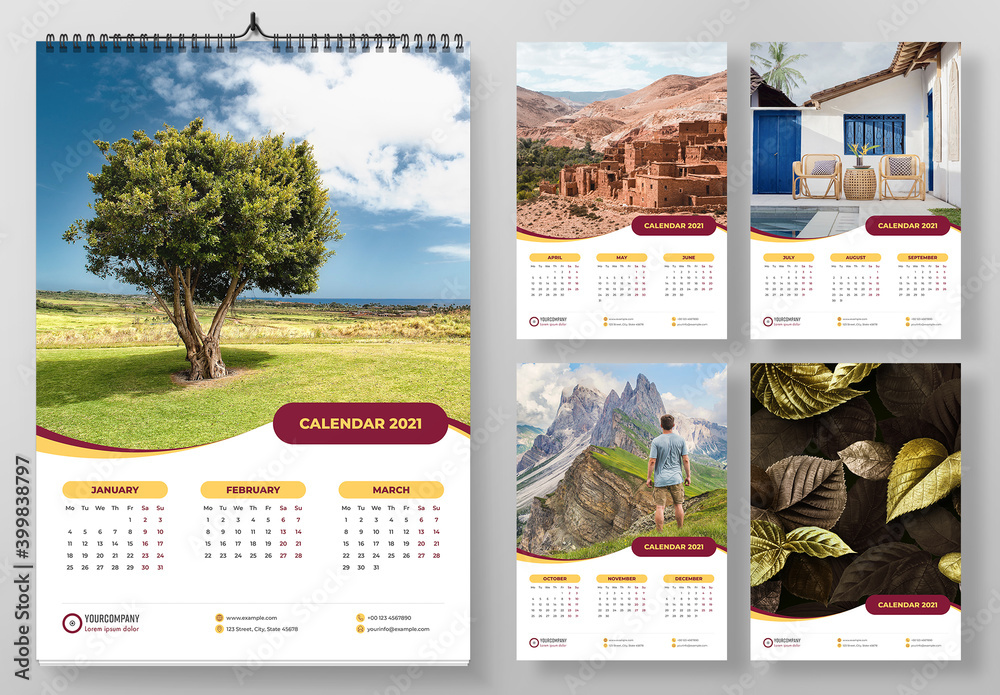 2021 Wall Calendar Layout with Yellow Accents Stock Template | Adobe Stock