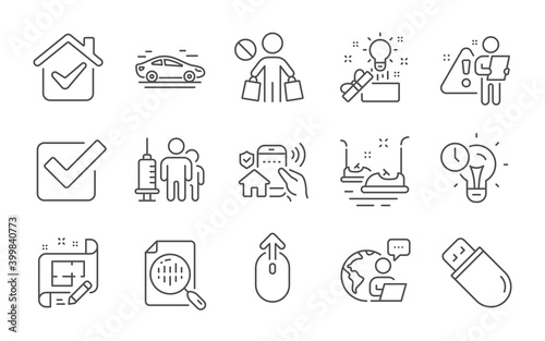 Swipe up, Time management and Bumper cars line icons set. Stop shopping, Checkbox and Architect plan signs. Medical vaccination, Car and House security symbols. Line icons set. Vector