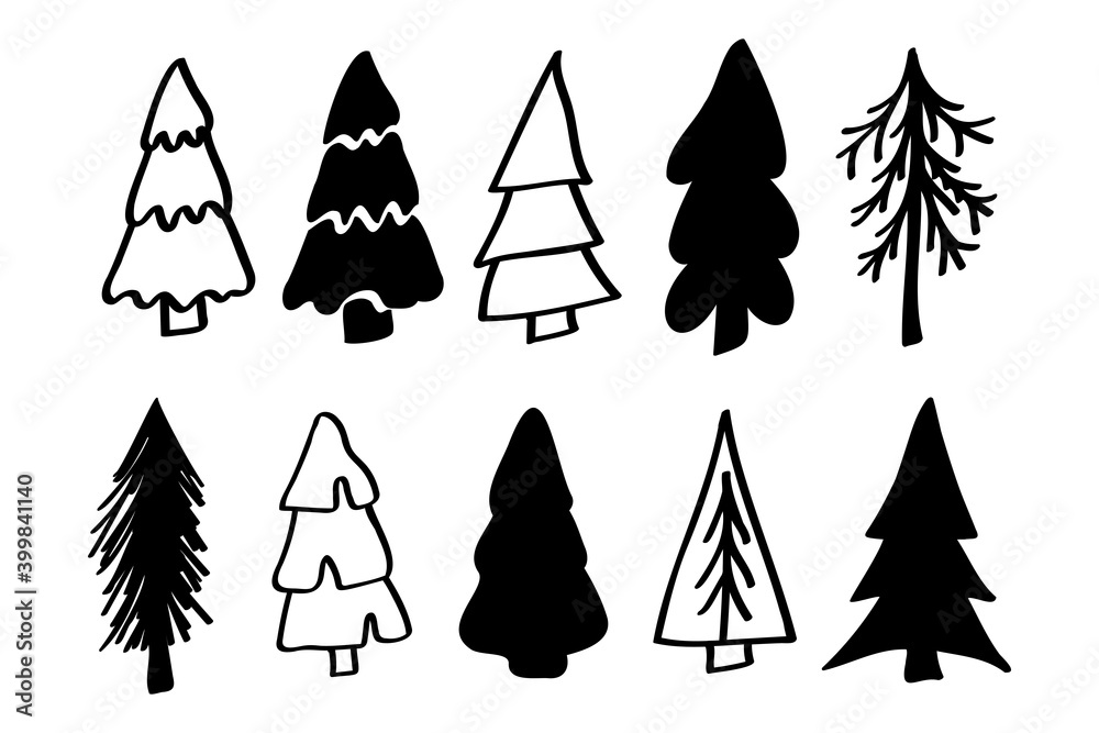 Set Christmas forest tree fir-tree icon. Simple doodles black white illustration in scandinavian style for design and decoration textile, covers, package, wrapping pape. Vector isolated