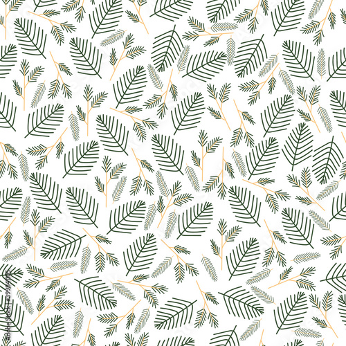 Seamless christmas pattern with white fir twigs, berries, spruce tree sprig stars and circles on blue background, vector retro style