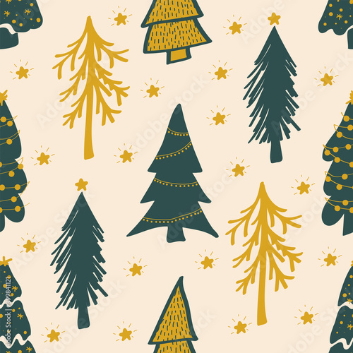 Seamless pattern with christmas tree and pine fir branches, hand drawn vector illustration, winter holiday background