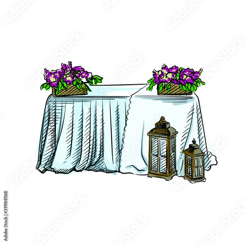 Colorful watercolor Hand-drawn sketch of buffet table. Wedding accesories and attributes. Preparation for wedding ceremony. Bride and groom. Holiday. Celebration.	
