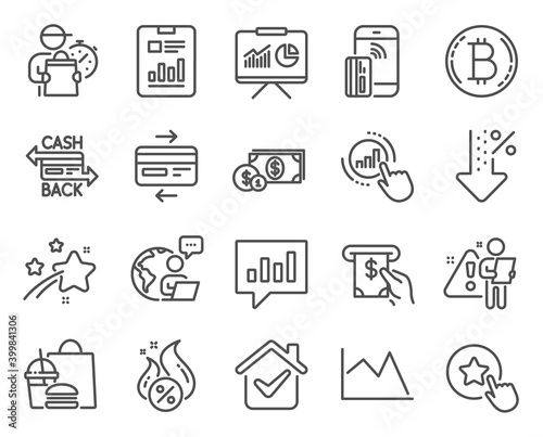 Finance icons set. Included icon as Analytical chat, Bitcoin, Atm service signs. Report document, Contactless payment, Graph chart symbols. Credit card, Dollar money, Line chart. Hot loan. Vector