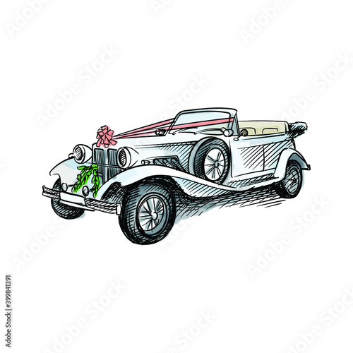 Colorful watercolor Hand-drawn sketch of vintage car for Wedding. Preparation for wedding ceremony. Bride and groom. Holiday. Celebration.	
