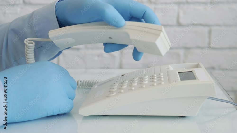 Slow Motion with Man Wearing Protection Gloves in Hands Using Telephone Communication, Social Distancing Lifestyle 