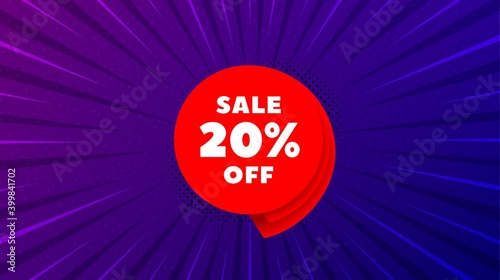 Sale 20 percent off banner. Purple background with offer message. Discount sticker shape. Coupon bubble icon. Best advertising coupon banner. Sale 20 badge shape. Vector