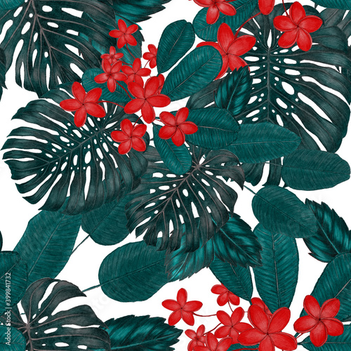 Beautiful seamless pattern with tropical leaves and flowers drawn with colore...