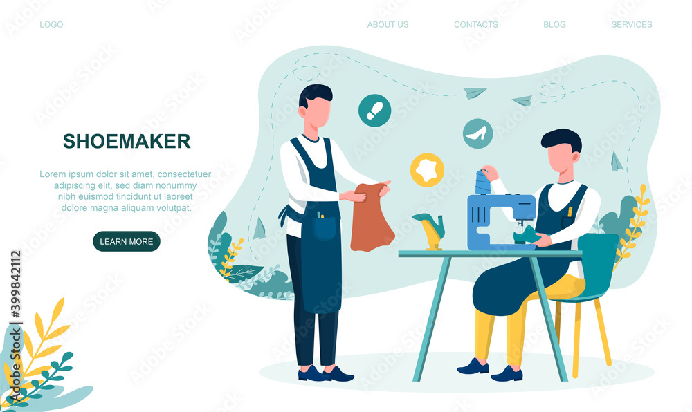 Two young shoemakers fixing shoes with sewing machine. Male characters wearing apron mending shoe. Concept of retro manufacturing. Website, web page, landing page template. Flat cartoon illustration