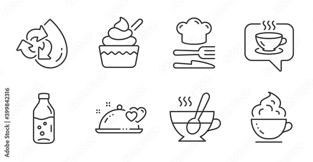 Coffee, Ice cream and Food line icons set. Water bottle, Recycle water and Coffee cup signs. Romantic dinner, Tea cup symbols. Cafe, Chef hat, Soda drink. Food and drink set. Vector