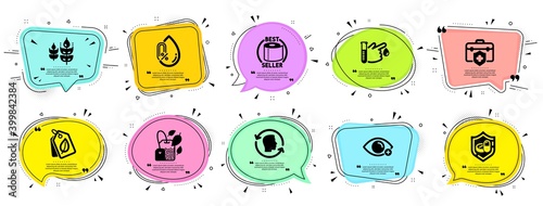 Healthcare icons set. Speech bubble offer banners. Vector coupon badge. Included icon as Blood donation, Bio tags, Medical tablet signs. Medical insurance, Farsightedness, Face id symbols. Vector